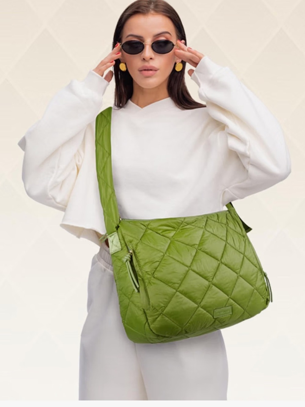 Green Puffer Lightweight Quilted Padding Shoulder Bag Carryall Purse